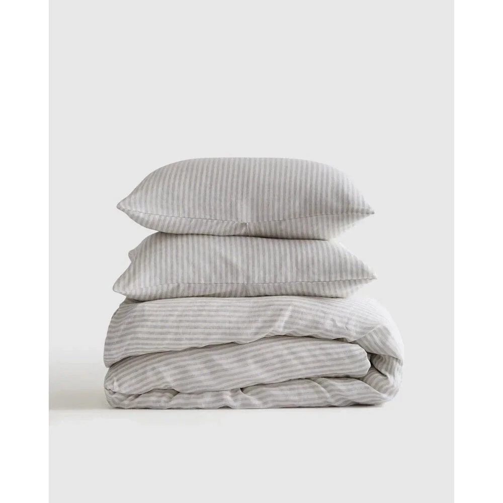 Quince King Cal King European Linen Duvet Cover Set Mist White Stripe RARE